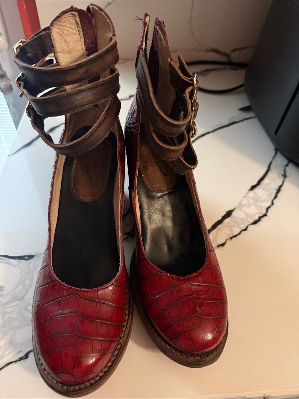 Freebird by Steven Red Croc-Embossed Ankle-Strap Heels